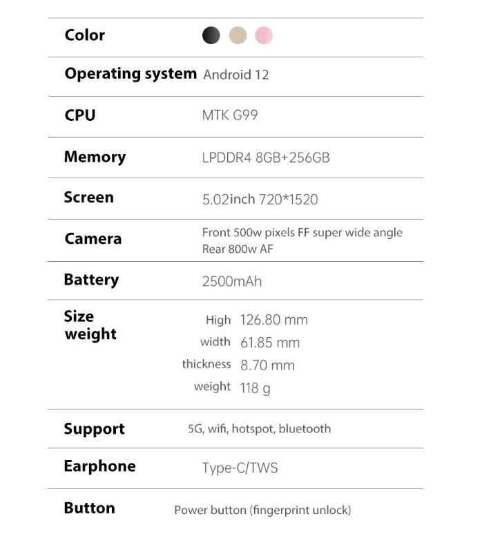 Qin 3 Ultra Global Version MTK G99 5.02 Inch 8GB 256GB Wifi Bluetooth 5.2 Fingerprint Unlock Touch screen 720*1520 Android Phone - Qin Smart Phone
